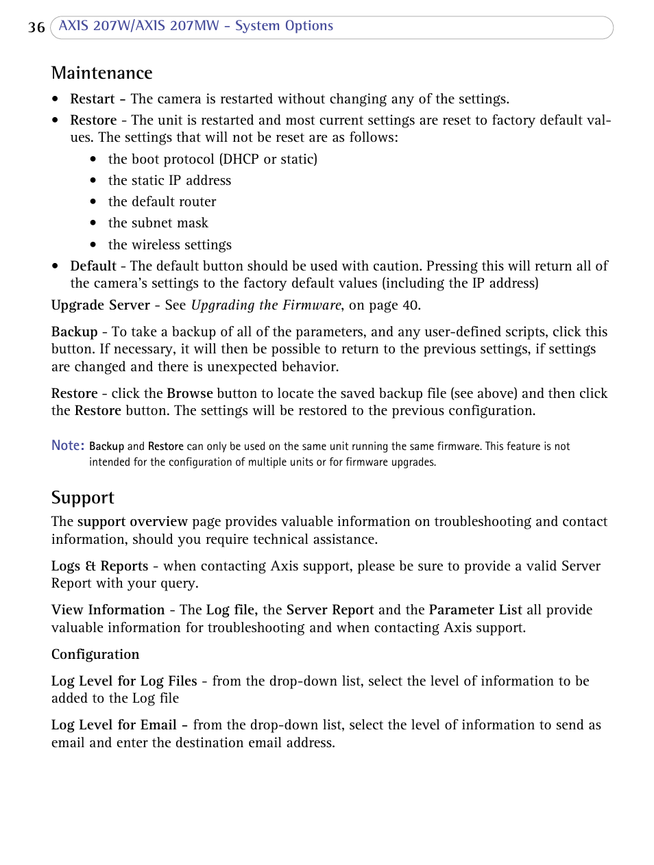Maintenance, Support, Maintenance support | Axis Communications 207W User Manual | Page 36 / 59