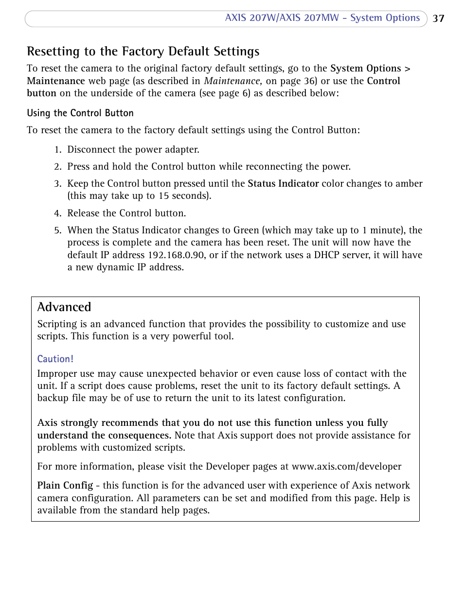 Resetting to the factory default settings, Advanced | Axis Communications 207W User Manual | Page 37 / 59