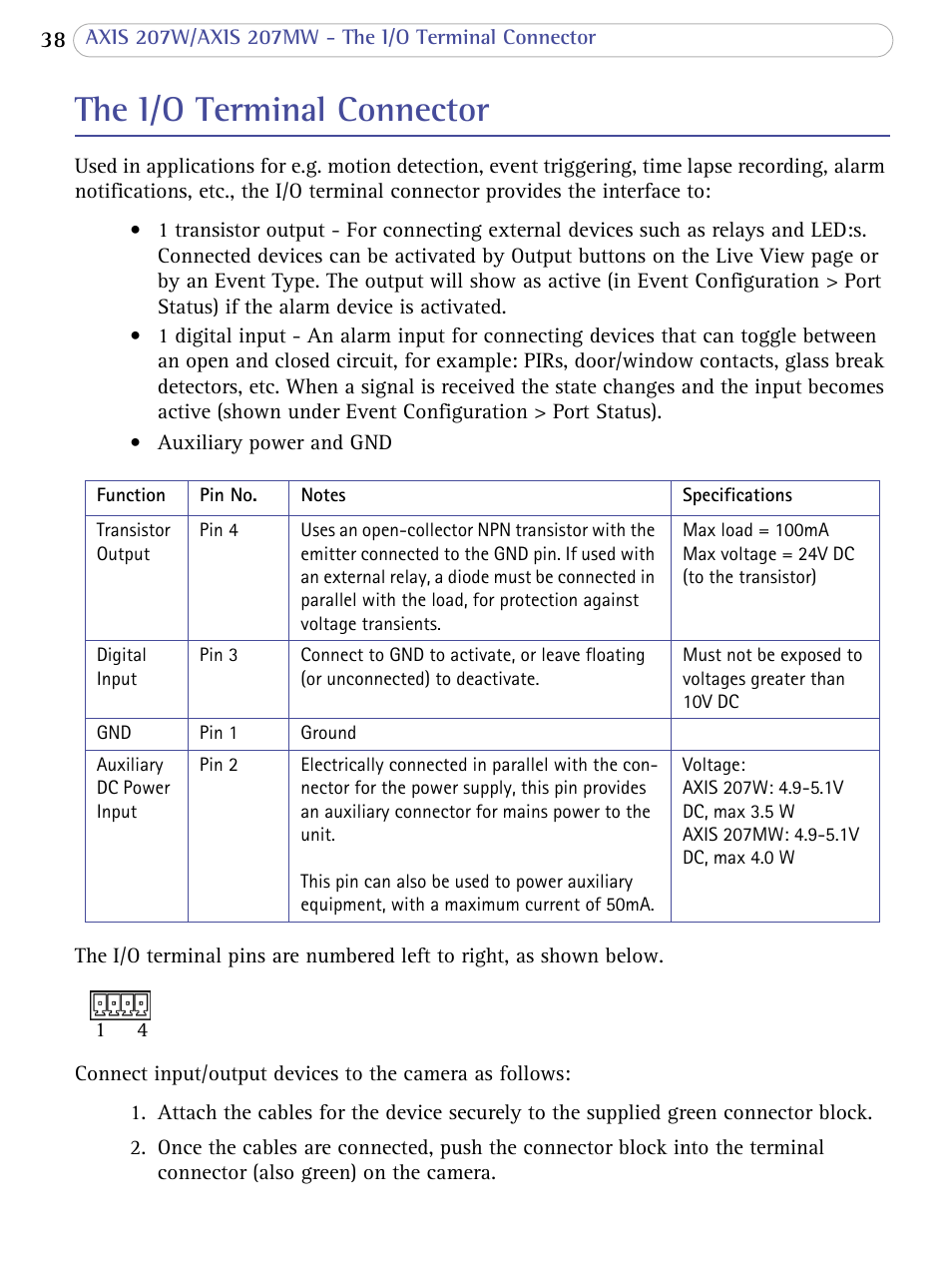 The i/o terminal connector | Axis Communications 207W User Manual | Page 38 / 59