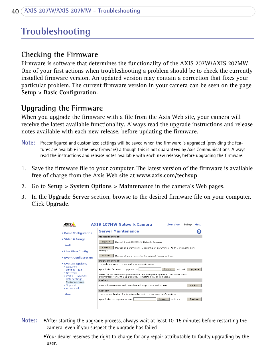 Troubleshooting, Checking the firmware, Upgrading the firmware | Axis Communications 207W User Manual | Page 40 / 59