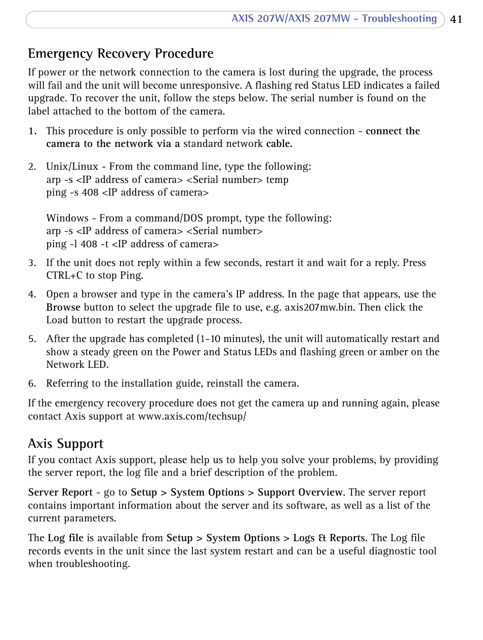 Emergency recovery procedure, Axis support | Axis Communications 207W User Manual | Page 41 / 59