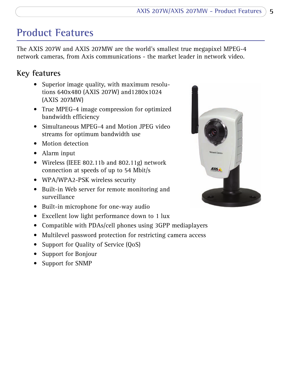 Product features, Key features | Axis Communications 207W User Manual | Page 5 / 59