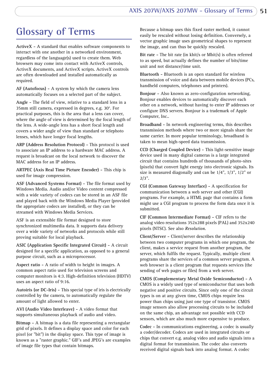 Glossary of terms | Axis Communications 207W User Manual | Page 51 / 59