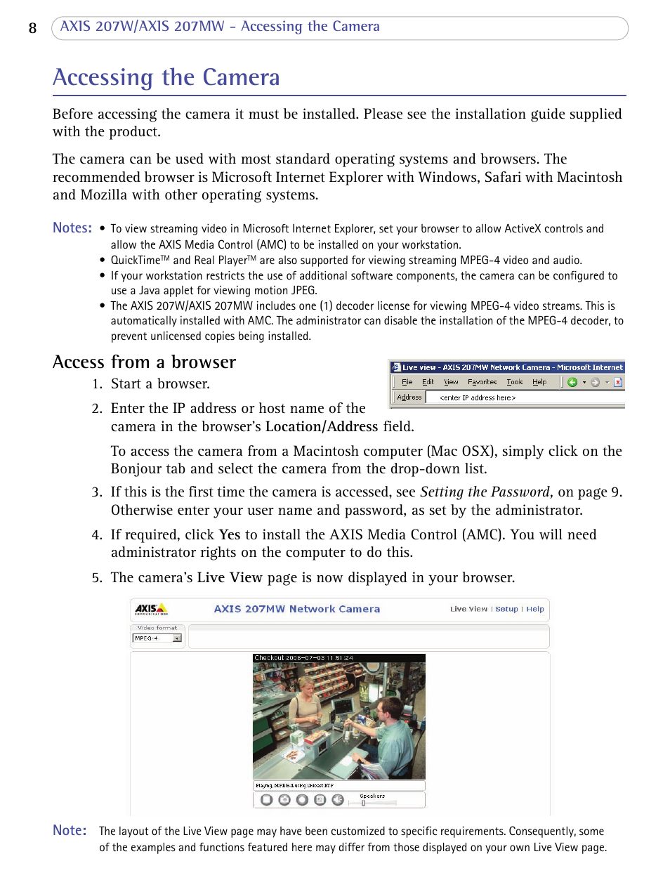 Accessing the camera, Access from a browser | Axis Communications 207W User Manual | Page 8 / 59