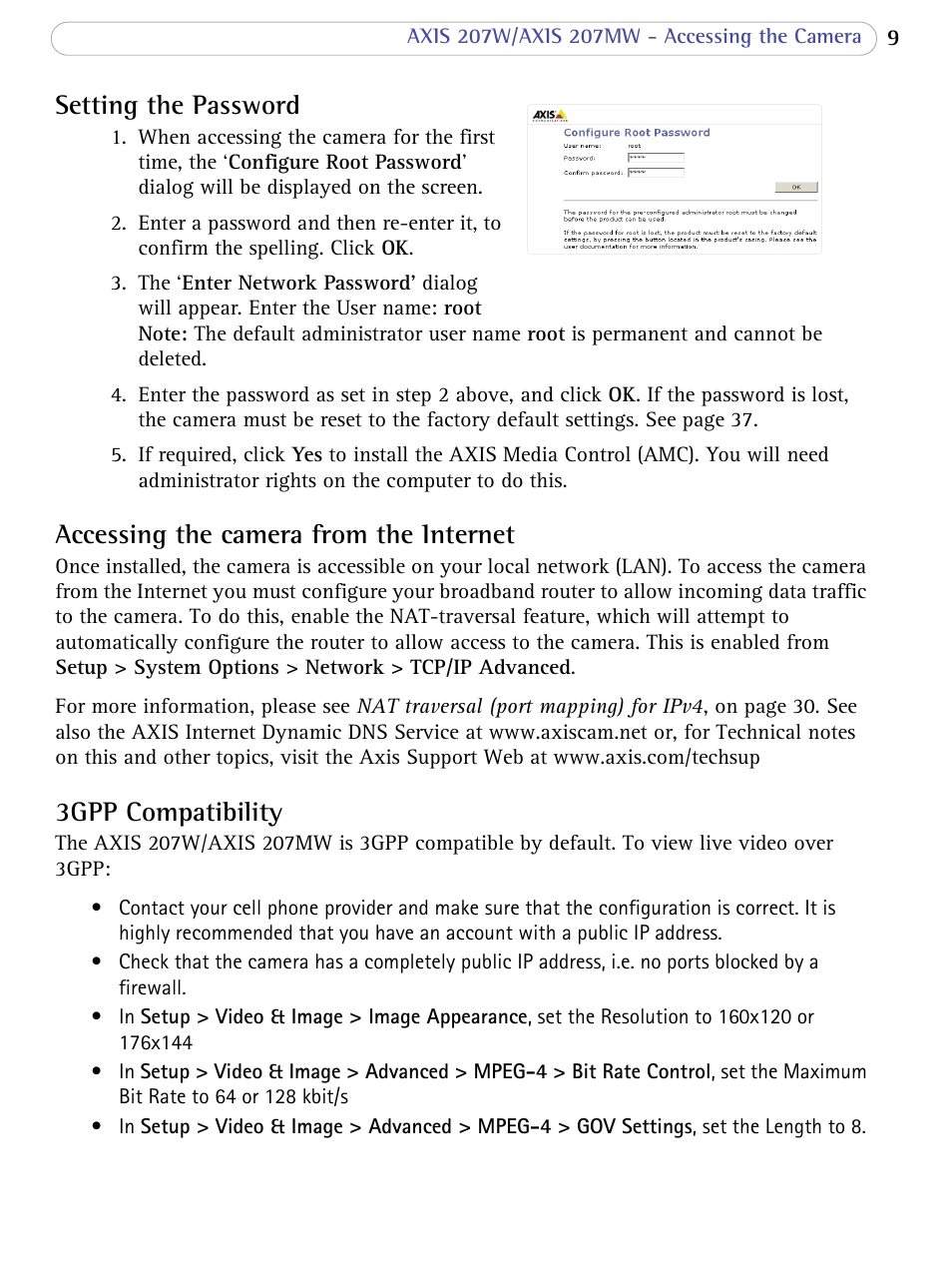 Setting the password, Accessing the camera from the internet, 3gpp compatibility | Axis Communications 207W User Manual | Page 9 / 59