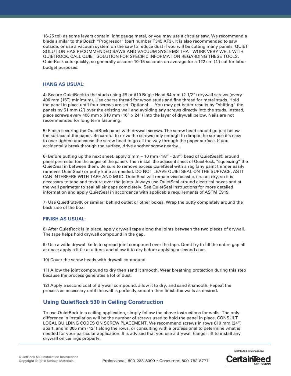 Using quietrock 530 in ceiling construction | CertainTeed 2825_QR530 User Manual | Page 3 / 4
