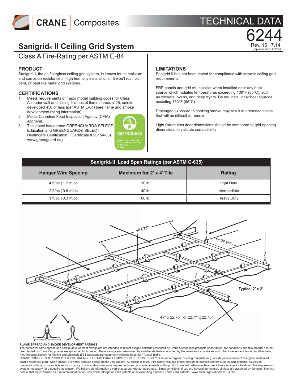 Crane Composites Sanigrid Fiberglass Ceiling Grid Class A User Manual | 4 pages