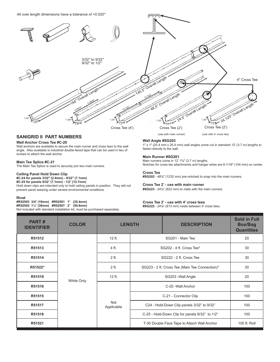 Sanigrid ii part numbers, Part names and numbers | Crane Composites Sanigrid Fiberglass Ceiling Grid Class A User Manual | Page 2 / 4