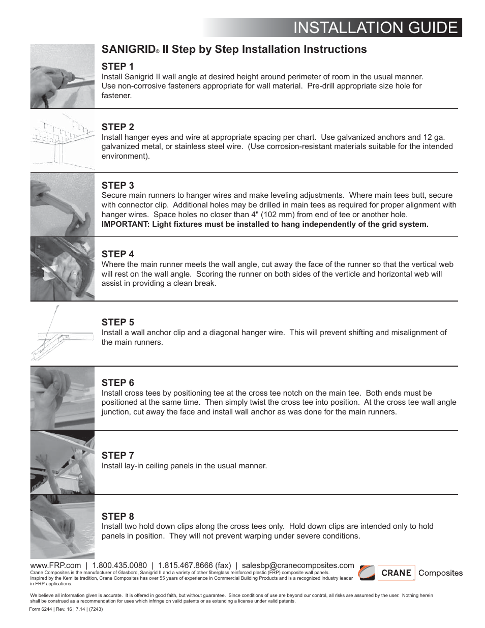 Installation guide, Sanigrid, Ii step by step installation instructions | Crane Composites Sanigrid Fiberglass Ceiling Grid Class A User Manual | Page 4 / 4