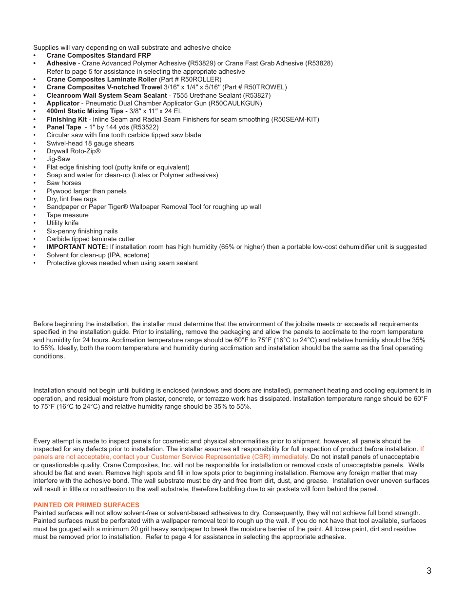 Installation preparation, Supplies and equipment, Pre-conditioning | Installation conditions, Wall preparation | Crane Composites CLEANROOM WALL SYSTEM User Manual | Page 3 / 12