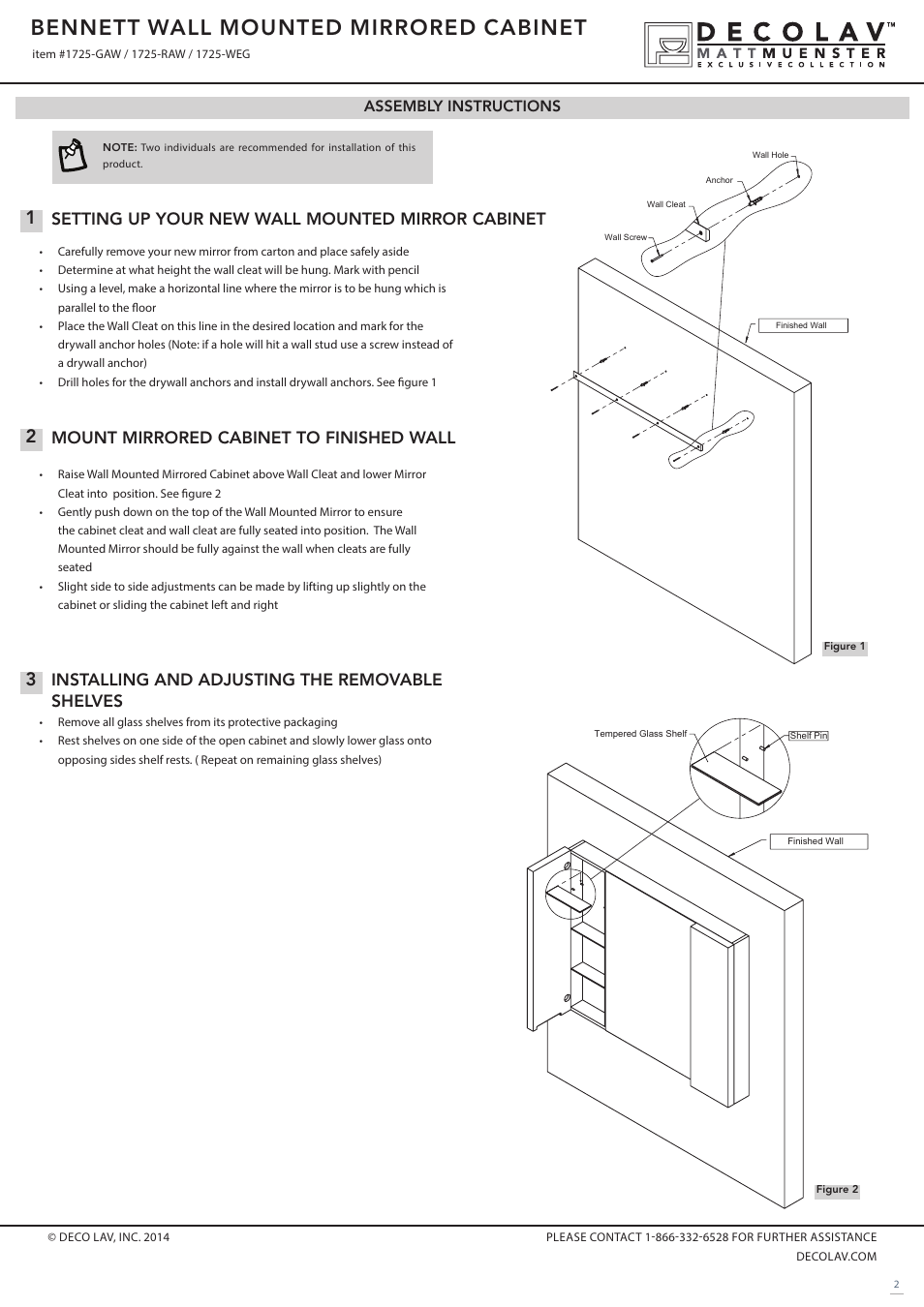 Bennett wall mounted mirrored cabinet, Installing and adjusting the removable shelves, Mount mirrored cabinet to finished wall | Setting up your new wall mounted mirror cabinet, Assembly instructions | Decolav 1725 User Manual | Page 2 / 3