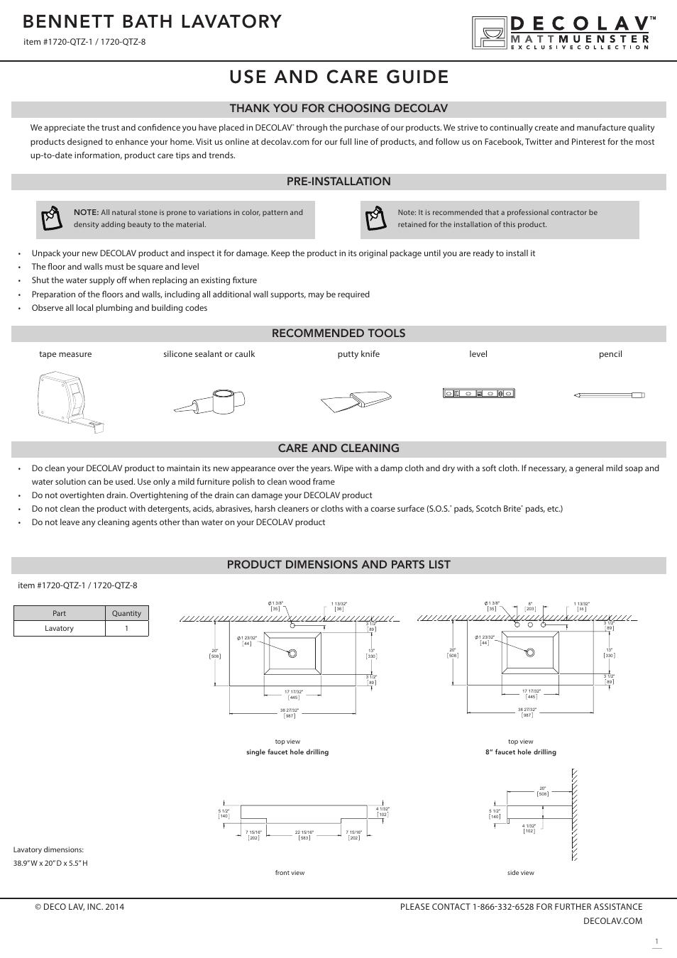 Decolav 1720-QTZ User Manual | 3 pages