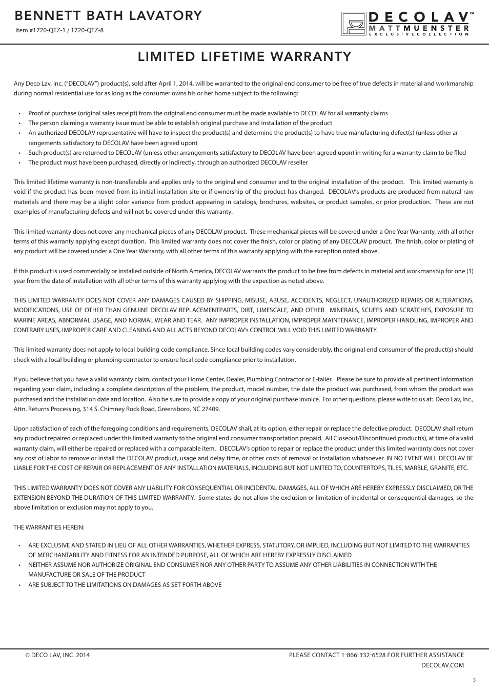 Bennett bath lavatory, Limited lifetime warranty | Decolav 1720-QTZ User Manual | Page 3 / 3