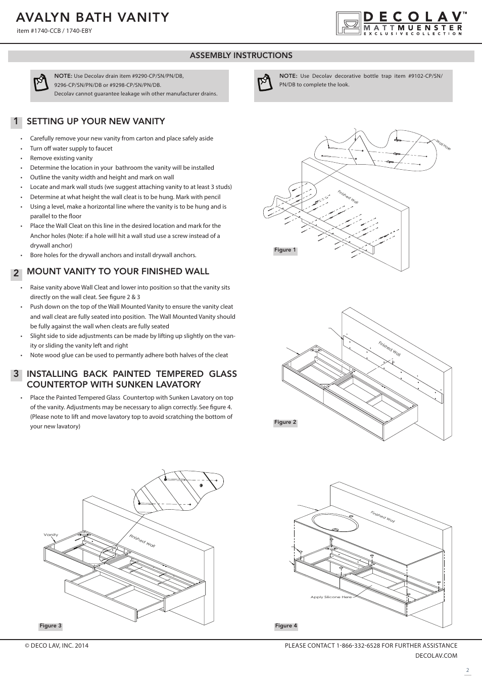 Avalyn bath vanity, Mount vanity to your finished wall, Setting up your new vanity | Assembly instructions | Decolav 1740 User Manual | Page 2 / 3