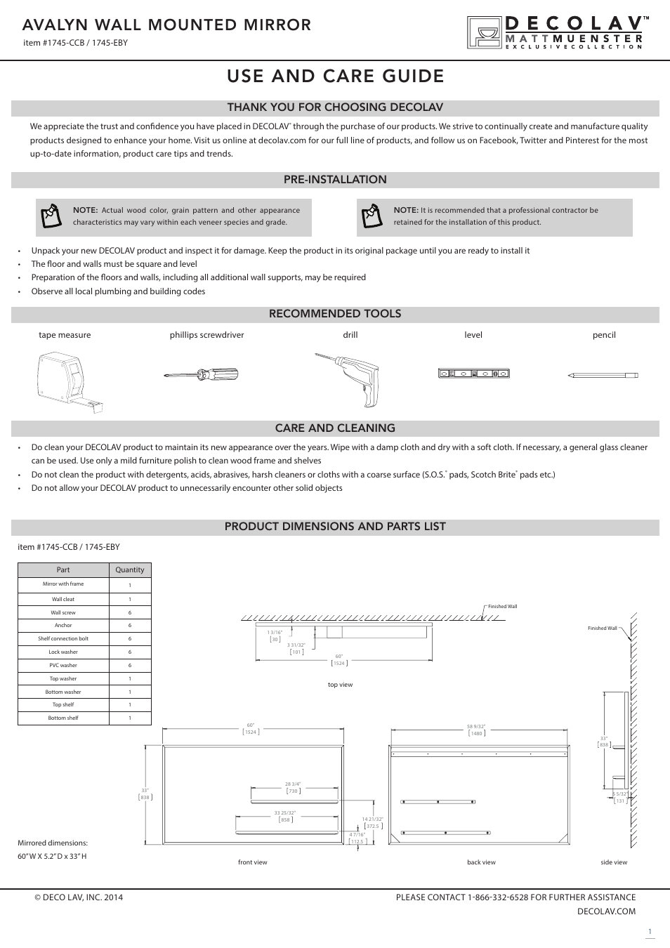 Decolav 1745 User Manual | 3 pages