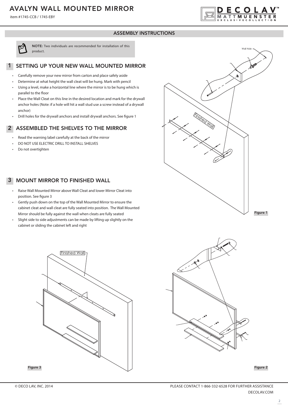 Avalyn wall mounted mirror, Mount mirror to finished wall, Assembled the shelves to the mirror | Setting up your new wall mounted mirror, Assembly instructions | Decolav 1745 User Manual | Page 2 / 3