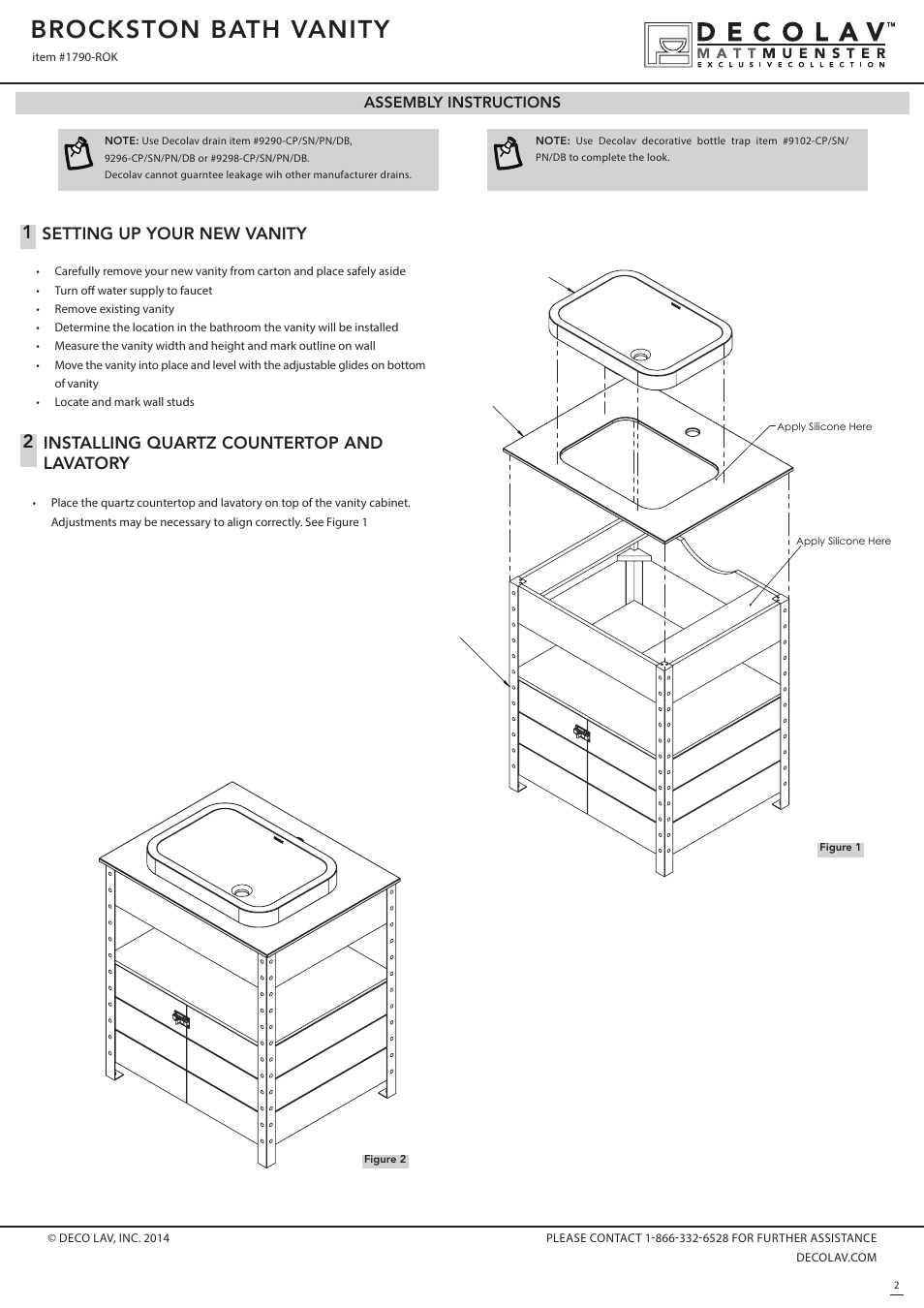 Brockston bath vanity, Installing quartz countertop and lavatory, Setting up your new vanity | Assembly instructions | Decolav 1790 User Manual | Page 2 / 3