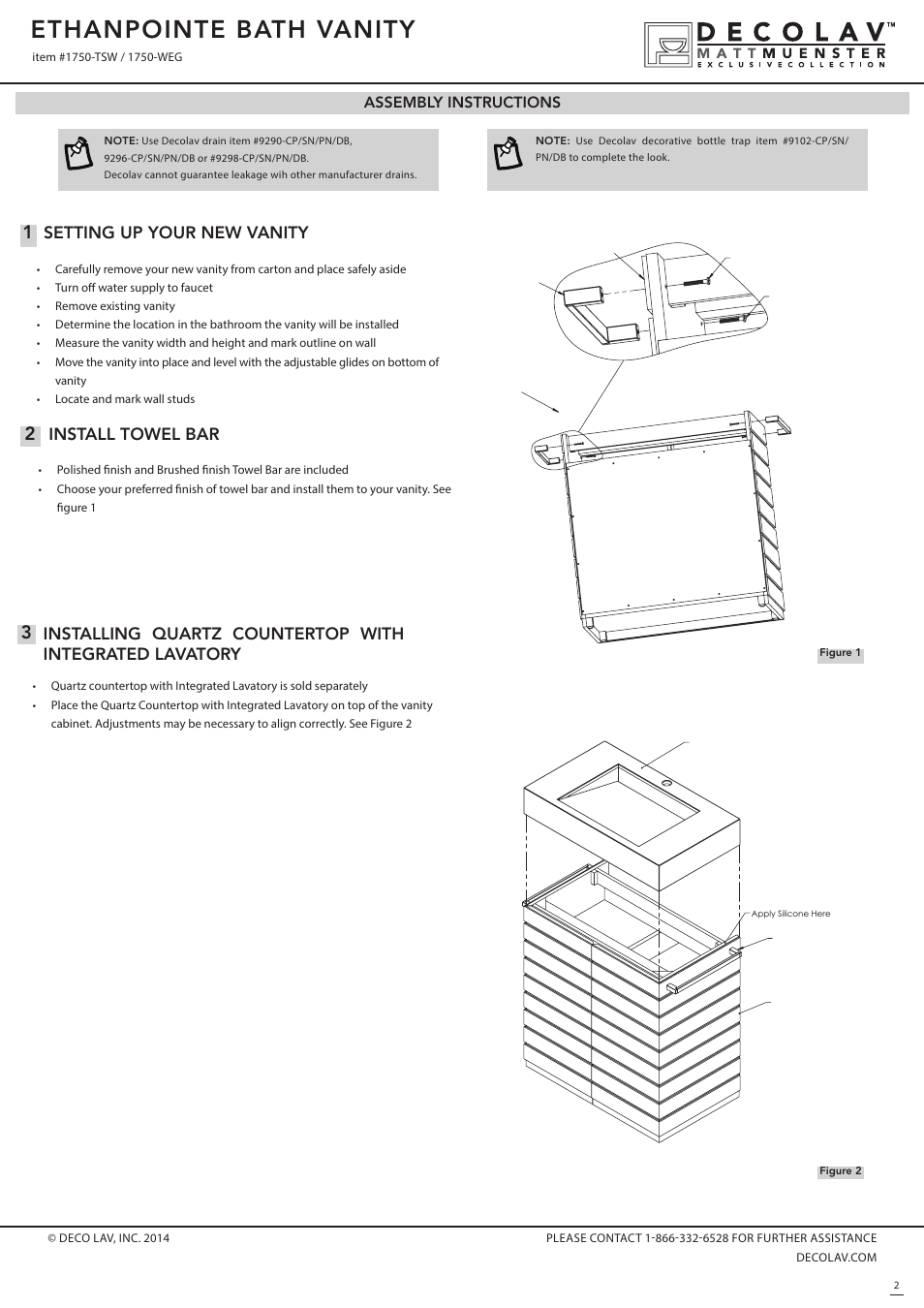 Ethanpointe bath vanity, Install towel bar, Setting up your new vanity | Decolav 1750 User Manual | Page 2 / 3