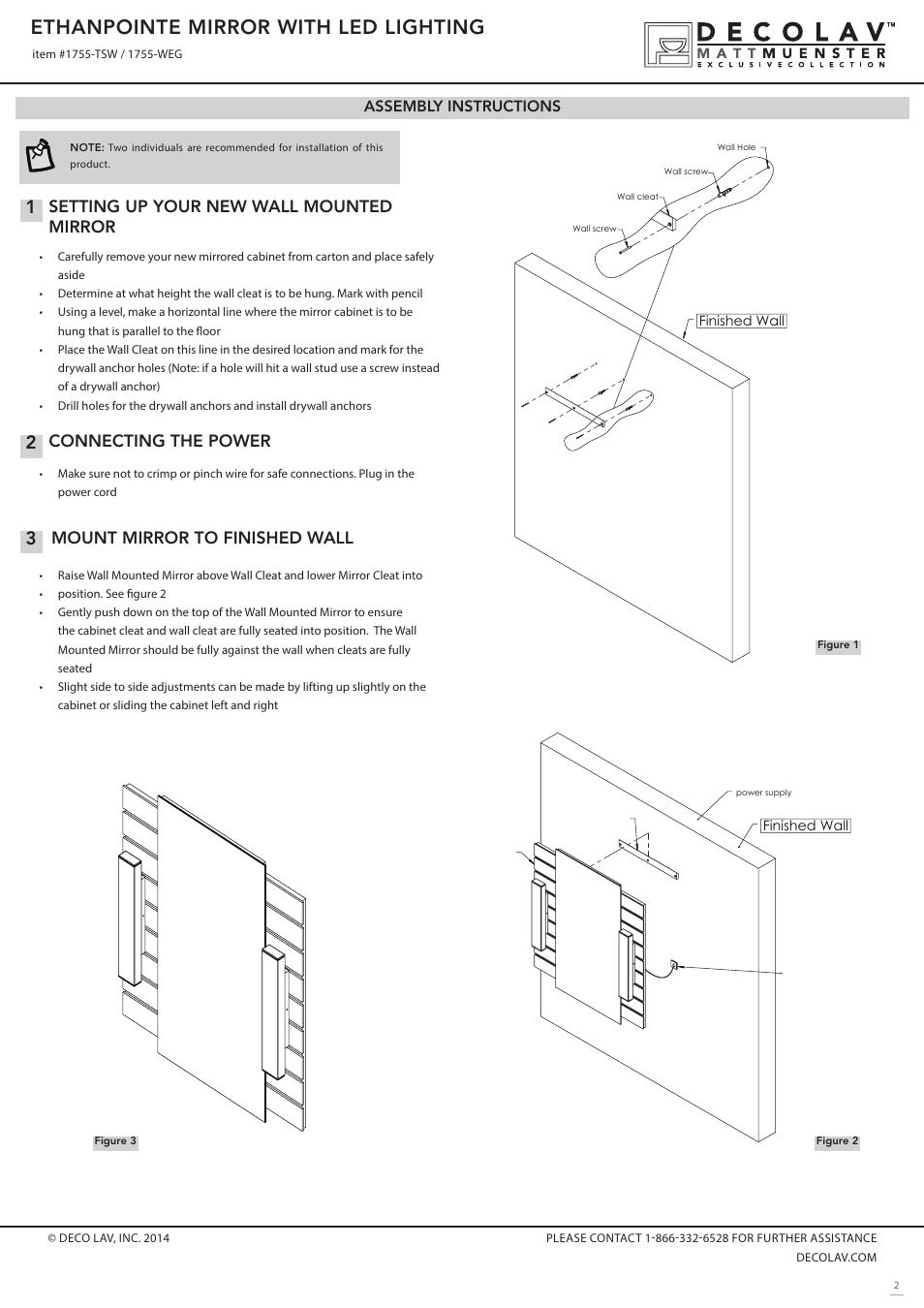 Ethanpointe mirror with led lighting, Connecting the power, Mount mirror to finished wall | Setting up your new wall mounted mirror, Assembly instructions | Decolav 1755 User Manual | Page 2 / 3