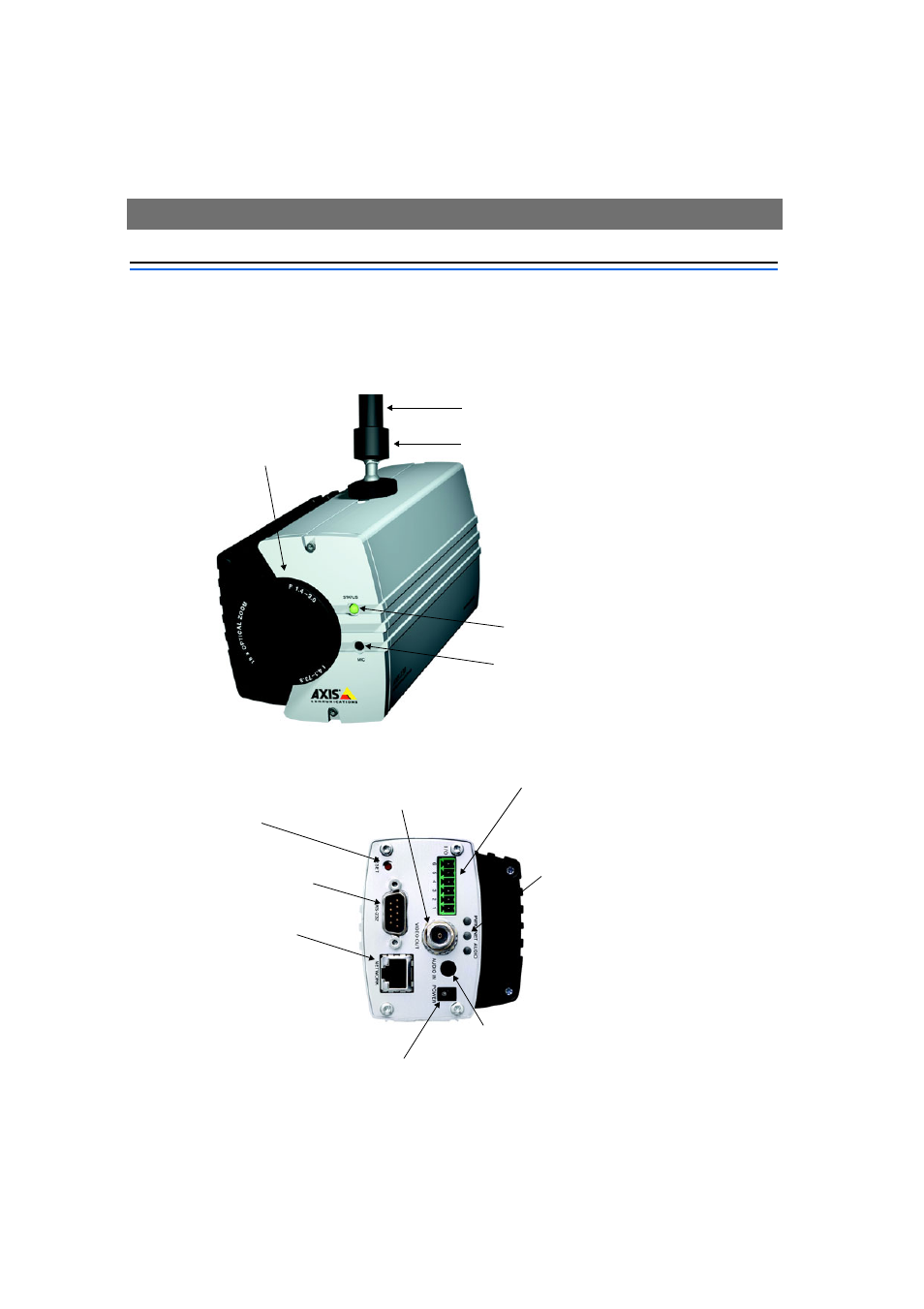 Product description, Axis 230 - front, Axis 230 - rear panel | Axis 230 product description 9 | Axis Communications 230 MPEG-2 User Manual | Page 9 / 62