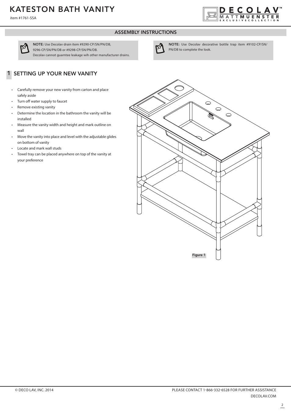 Kateston bath vanity, Setting up your new vanity | Decolav 1761 User Manual | Page 2 / 3