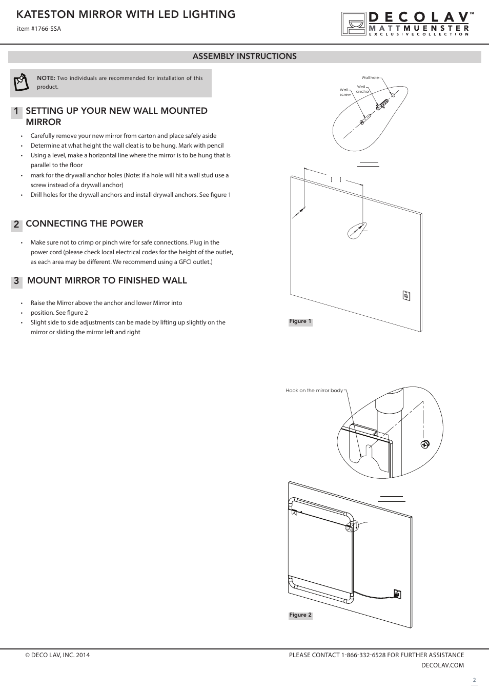 Kateston mirror with led lighting, Connecting the power, Mount mirror to finished wall | Setting up your new wall mounted mirror, Assembly instructions | Decolav 1766 User Manual | Page 2 / 3