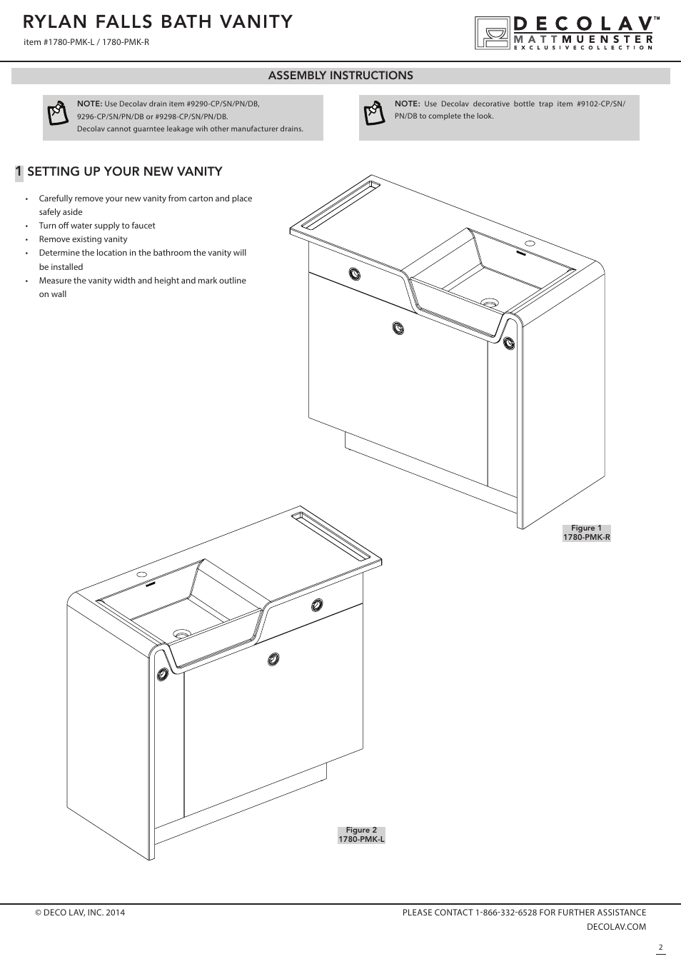 Rylan falls bath vanity, Setting up your new vanity | Decolav 1780 User Manual | Page 2 / 3