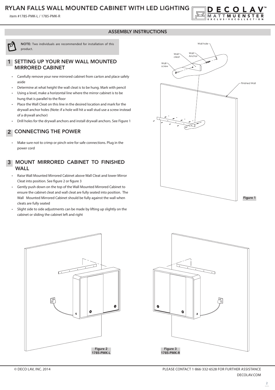 Rylan falls wall mounted cabinet with led lighting, Connecting the power, Mount mirrored cabinet to finished wall | Setting up your new wall mounted mirrored cabinet, Assembly instructions | Decolav 1785 User Manual | Page 2 / 3