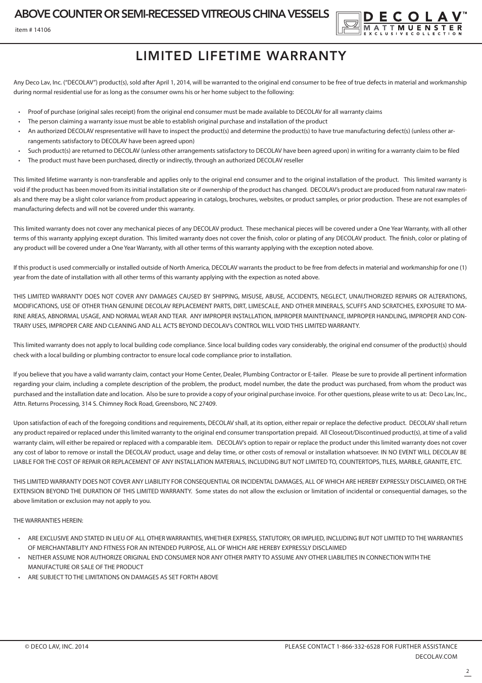 Limited lifetime warranty | Decolav 14106 User Manual | Page 2 / 2