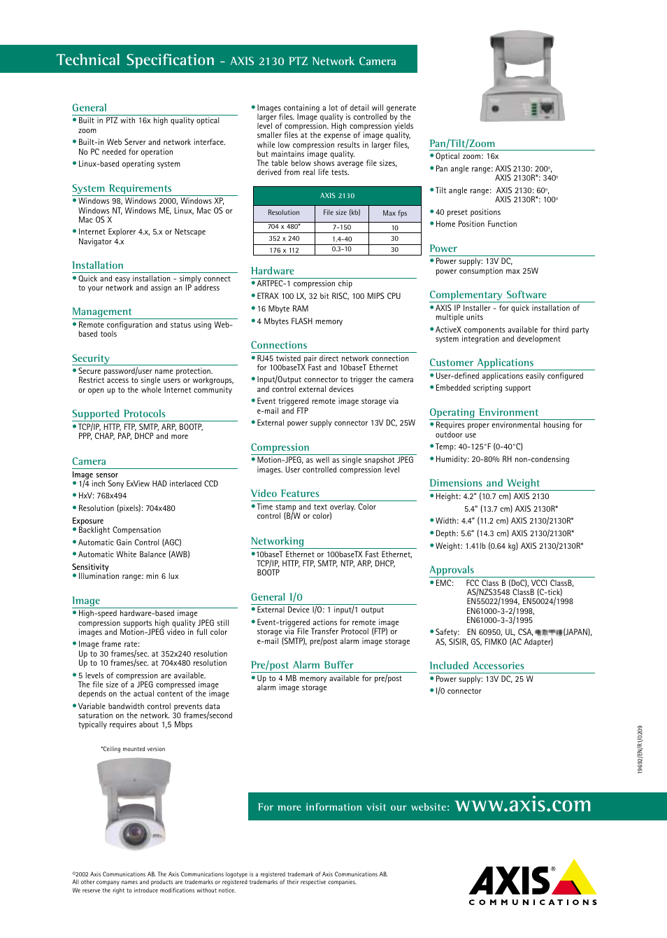 Technical specification, Axis 2130 ptz network camera | Axis Communications 2130 User Manual | Page 2 / 2