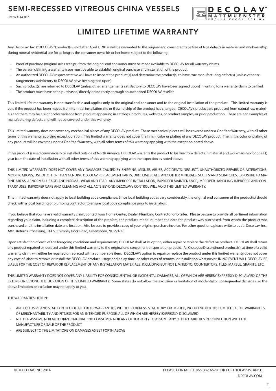 Limited lifetime warranty, Semi-recessed vitreous china vessels | Decolav 14107 User Manual | Page 2 / 2