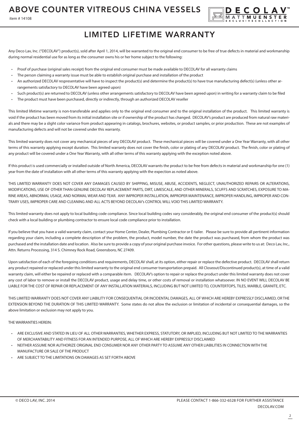 Limited lifetime warranty, Above counter vitreous china vessels | Decolav 14108 User Manual | Page 2 / 2