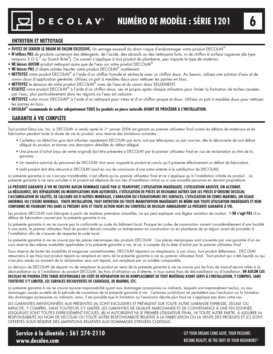 Numéro de modèle : série 1201, Entretien et nettoyage garantie à vie complète | Decolav 1201 User Manual | Page 12 / 18