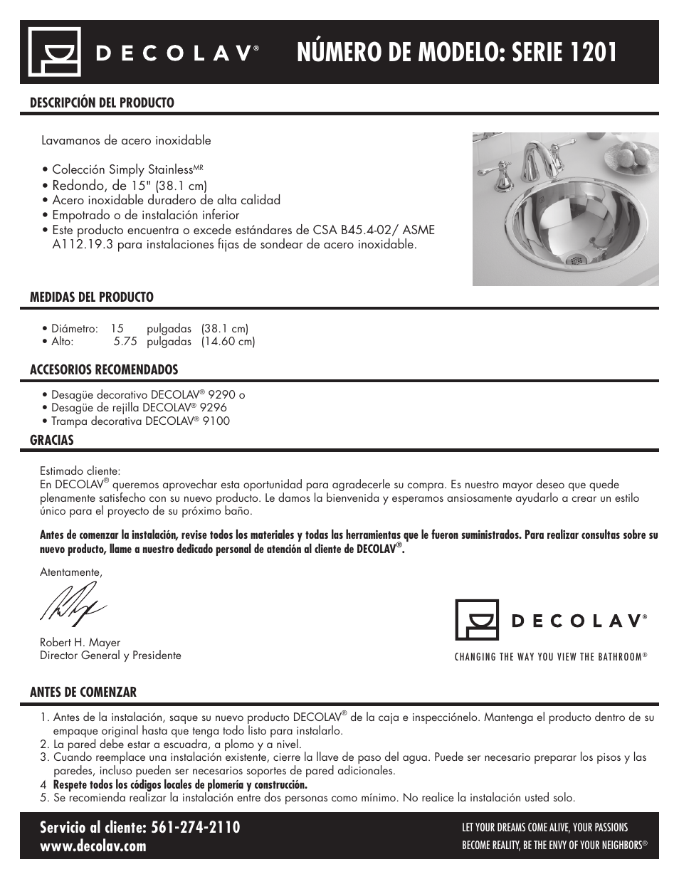 1201_spanish072210.pdf, Número de modelo: serie 1201 | Decolav 1201 User Manual | Page 13 / 18