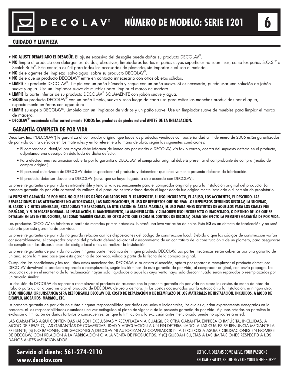 Número de modelo: serie 1201, Cuidado y limpieza garantía completa de por vida | Decolav 1201 User Manual | Page 18 / 18