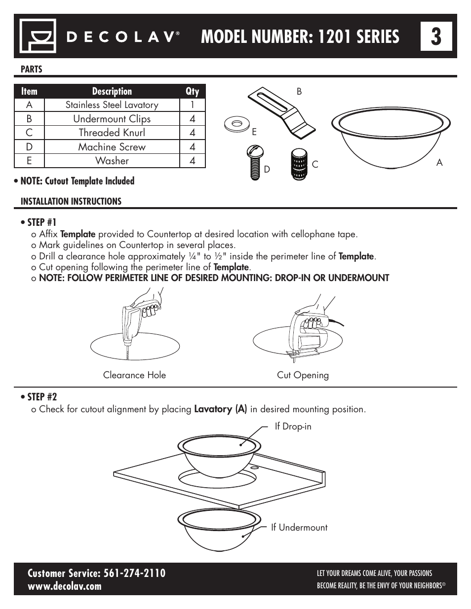 Model number: 1201 series | Decolav 1201 User Manual | Page 3 / 18