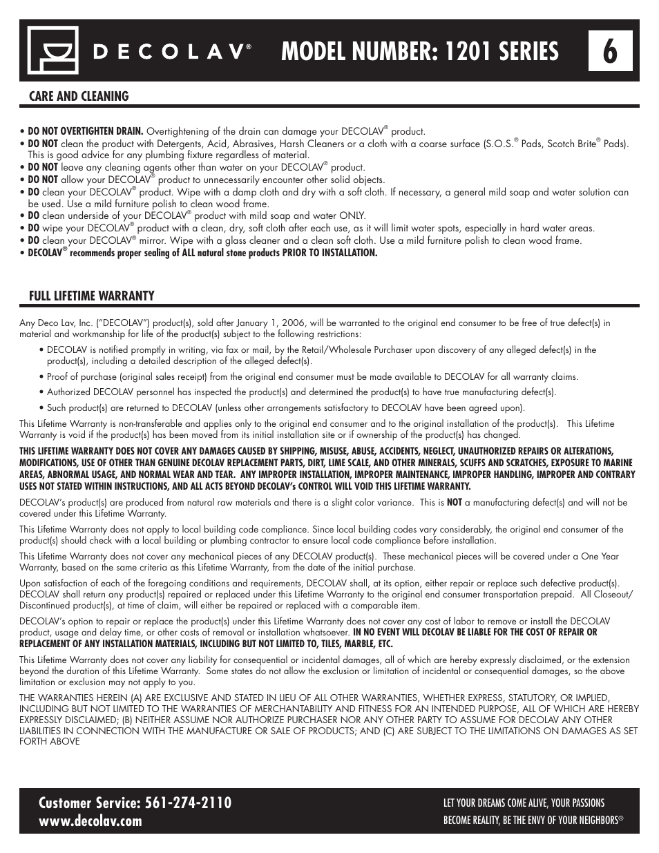 Model number: 1201 series, Care and cleaning full lifetime warranty | Decolav 1201 User Manual | Page 6 / 18