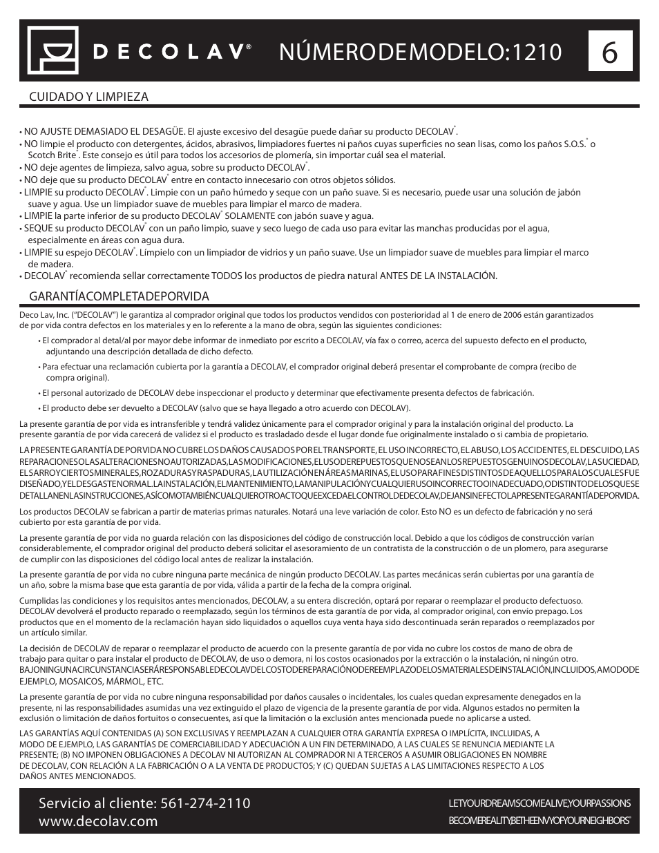 Número de modelo: 1210, Cuidado y limpieza garantía completa de por vida | Decolav 1210 User Manual | Page 18 / 18