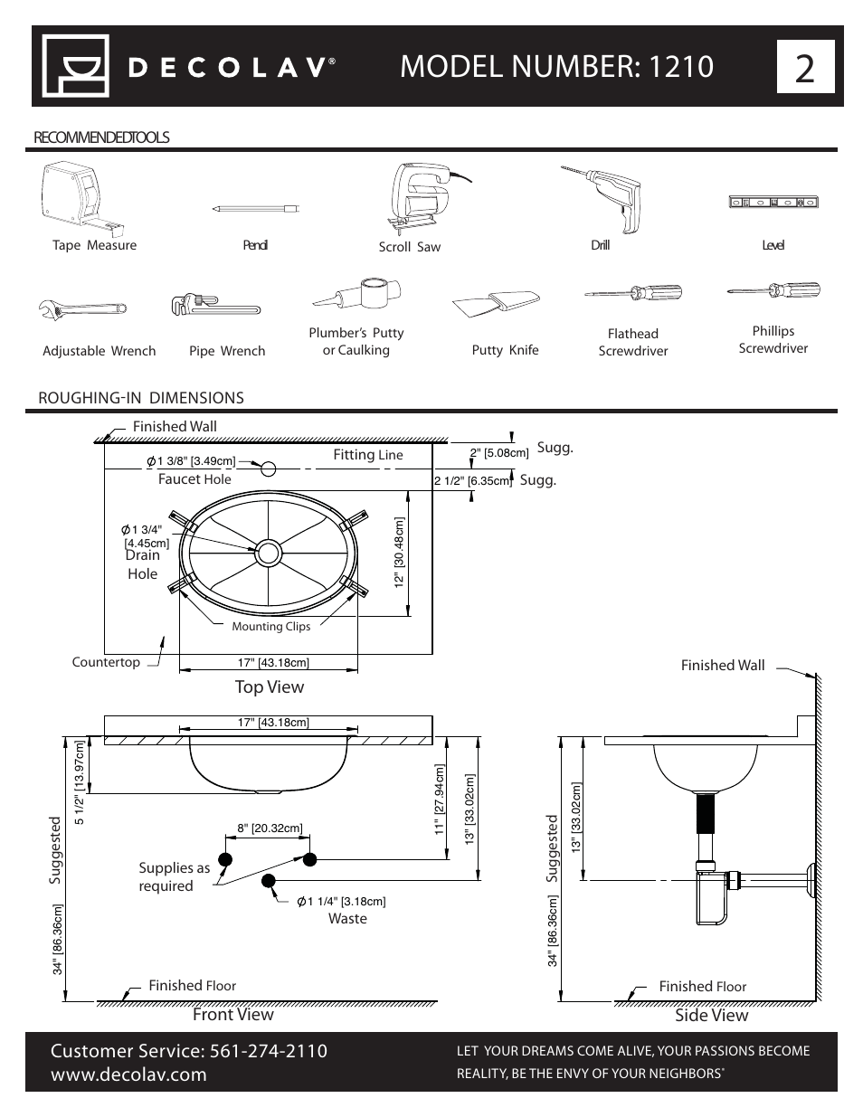 Model number: 1210, Front view, Top view | Side view | Decolav 1210 User Manual | Page 2 / 18