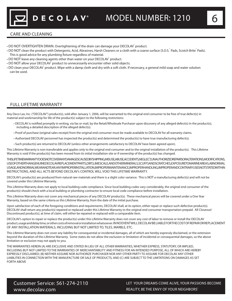 Model number: 1210, Care and cleaning full lifetime warranty | Decolav 1210 User Manual | Page 6 / 18