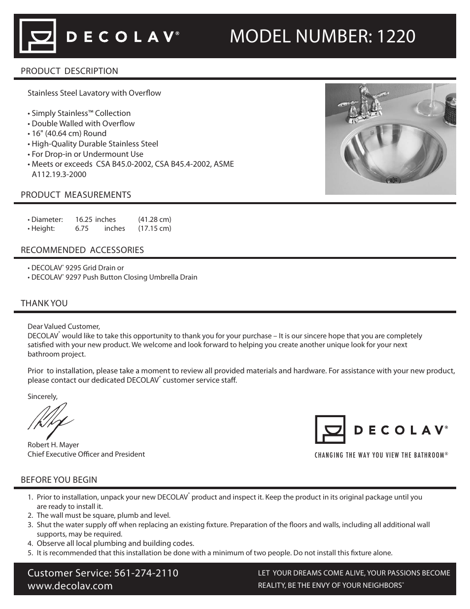 Decolav 1220 User Manual | 18 pages