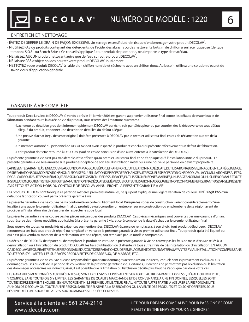 Numéro de modèle : 1220, Entretien et nettoyage garantie à vie complète | Decolav 1220 User Manual | Page 12 / 18