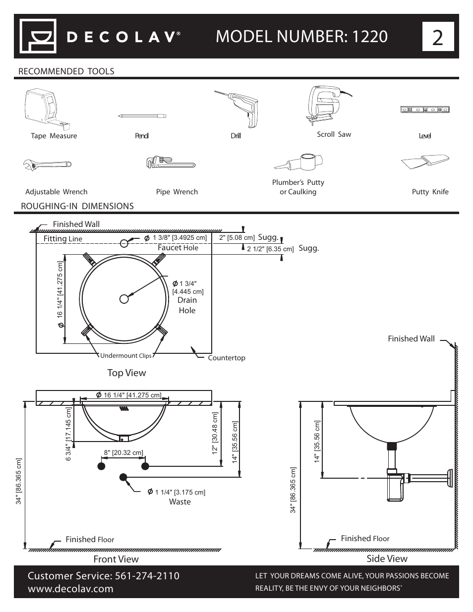 Model number: 1220, Front view, Top view | Side view | Decolav 1220 User Manual | Page 2 / 18