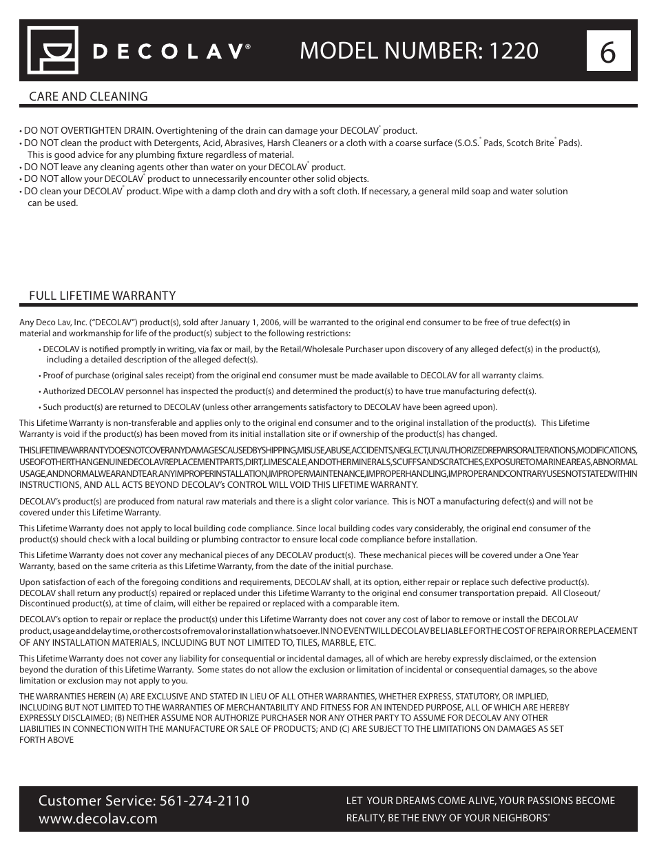 Model number: 1220, Care and cleaning full lifetime warranty | Decolav 1220 User Manual | Page 6 / 18