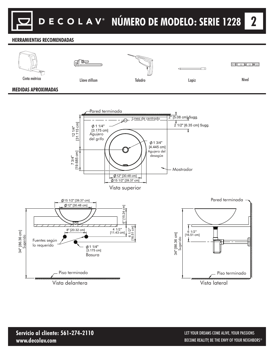 Número de modelo: serie 1228, Vista delantera vista lateral, Herramientas recomendadas medidas aproximadas | Vista superior | Decolav 1228 User Manual | Page 10 / 12