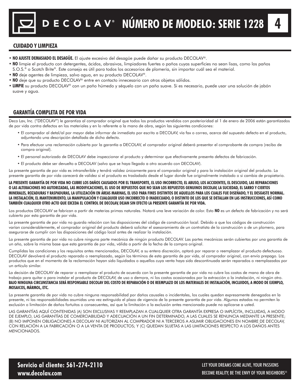 Número de modelo: serie 1228, Cuidado y limpieza garantía completa de por vida | Decolav 1228 User Manual | Page 12 / 12
