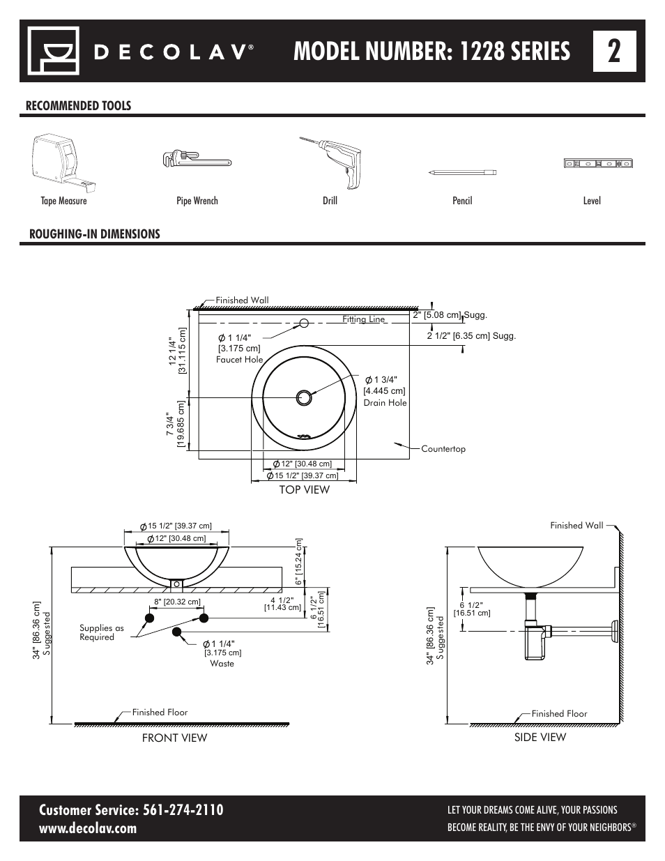 Model number: 1228 series, Recommended tools roughing-in dimensions, Side view | Front view, Top view | Decolav 1228 User Manual | Page 2 / 12