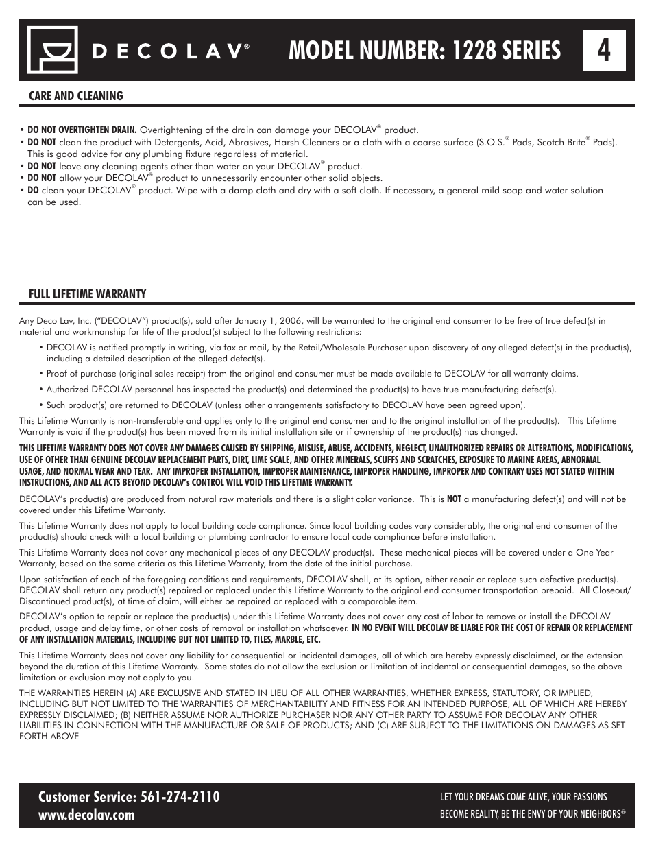 Model number: 1228 series, Care and cleaning full lifetime warranty | Decolav 1228 User Manual | Page 4 / 12