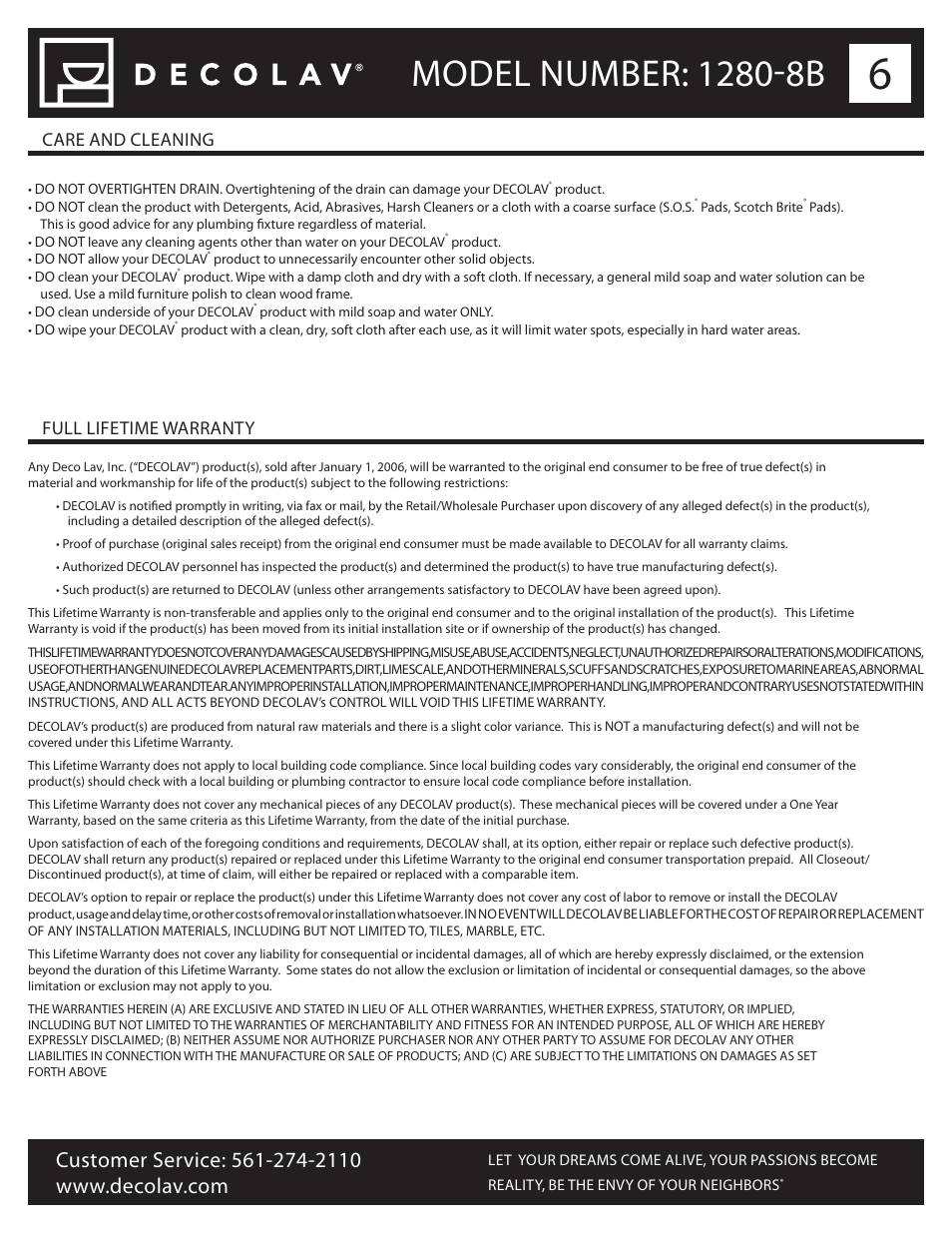 Care and cleaning full lifetime warranty | Decolav 1280-8 User Manual | Page 6 / 6