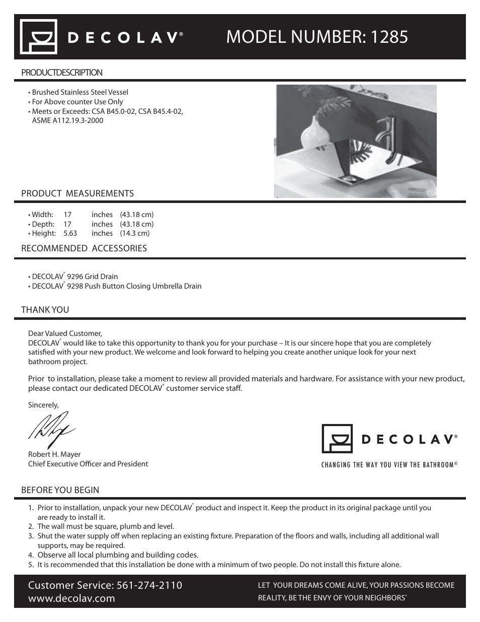 Decolav 1285 User Manual | 6 pages